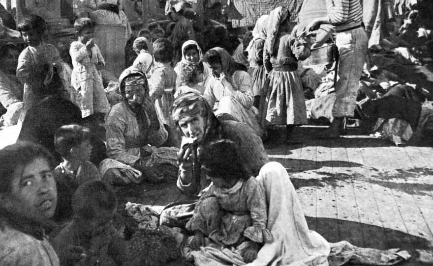 Armenian refugees on the deck of the French cruiser that rescued them in 1915 during the massacre of the Armenian populations in the Ottoman Empire.