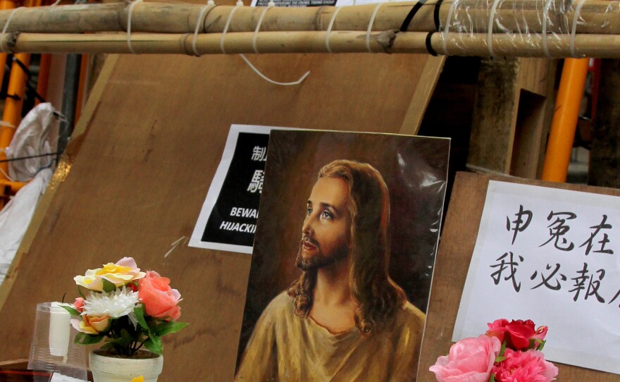Many leaders of Hong Kong's pro-democracy movement are Christians. Protesters erected this shrine to protect themselves from attack.