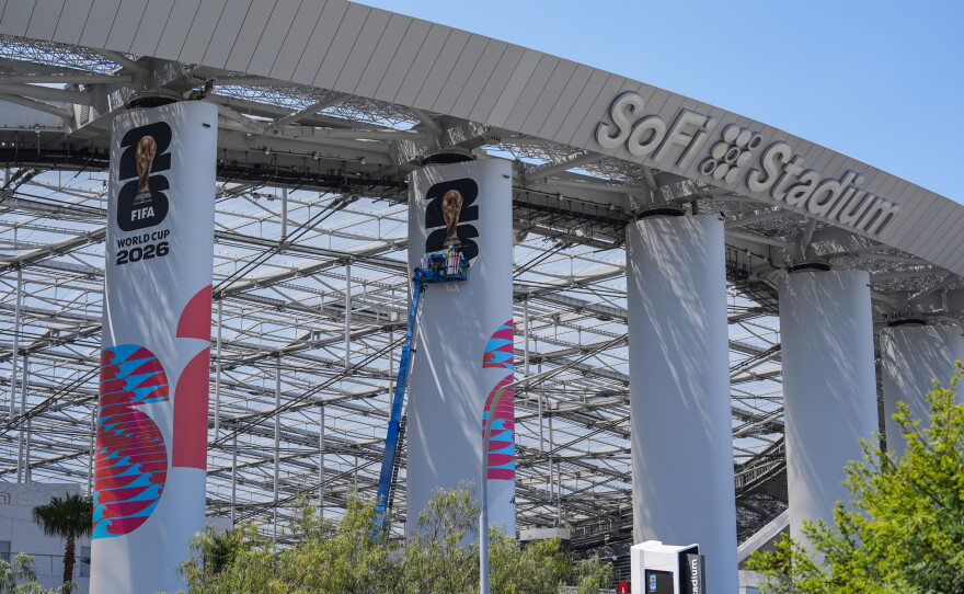 FIFA World Cup 2026 signage is displayed at SoFi Stadium in Inglewood, Calif., on June 1, 2026.