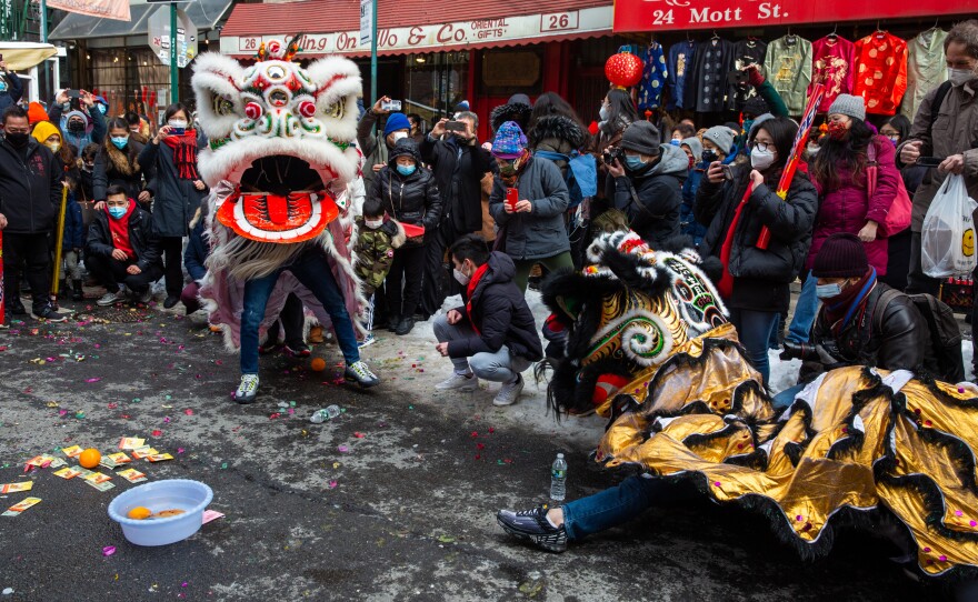 The Chinatown Community Young Lions perform lion dancing during the Lunar New Year festivities.