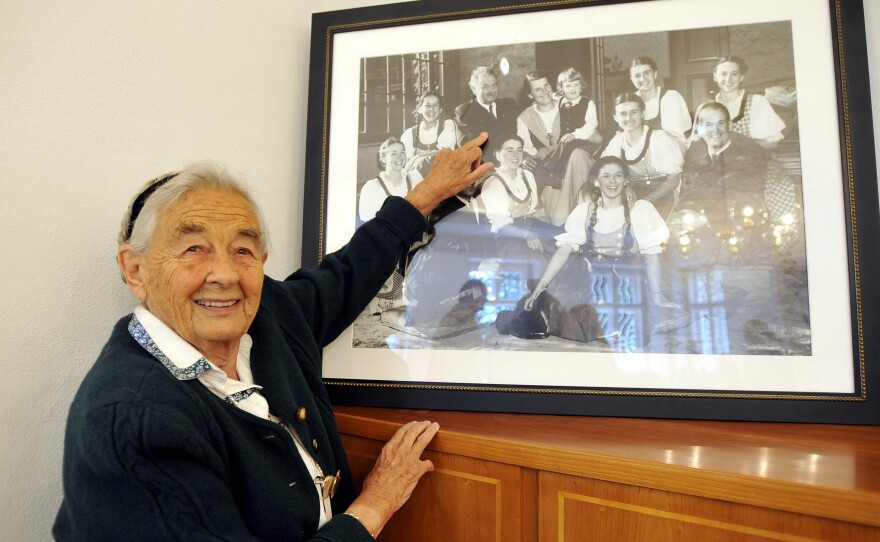 Maria von Trapp in 2008 at the age of 93. The daughter of Austrian Baron Georg von Trapp points to her father on an old family picture. She died on Tuesday at her home in Vermont.