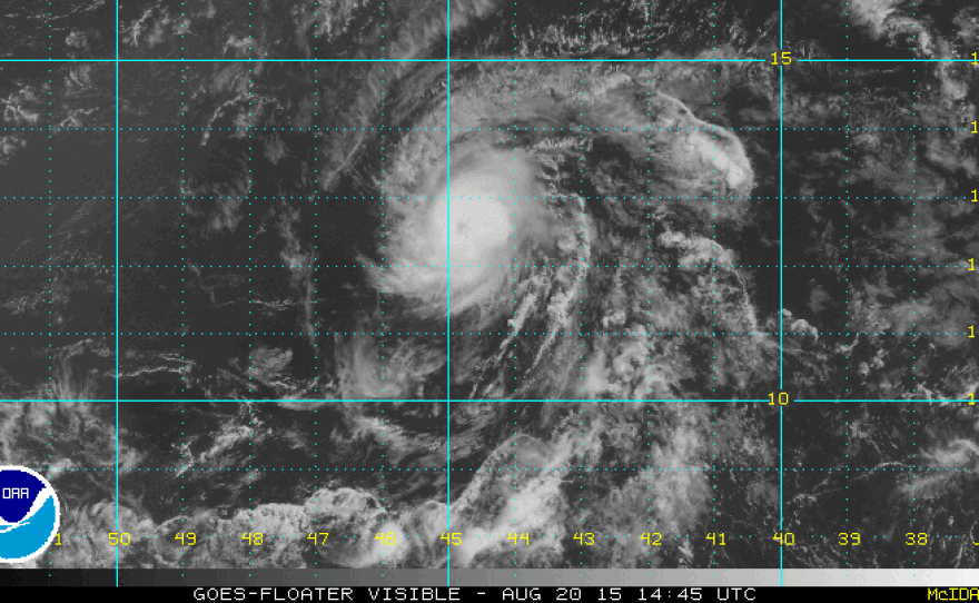 A satellite image of Danny as it moves slowly westward toward the Lesser Antilles.