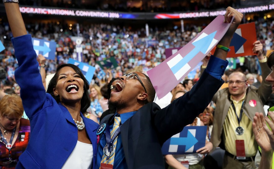 Delegates celebrate after formally nominating Democratic presidential candidate Hillary Clinton.