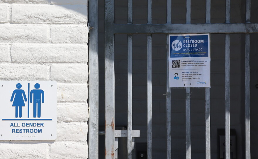 The entrance to a shuttered bathroom in Mission Bay Park is shown on Aug. 12, 2026.