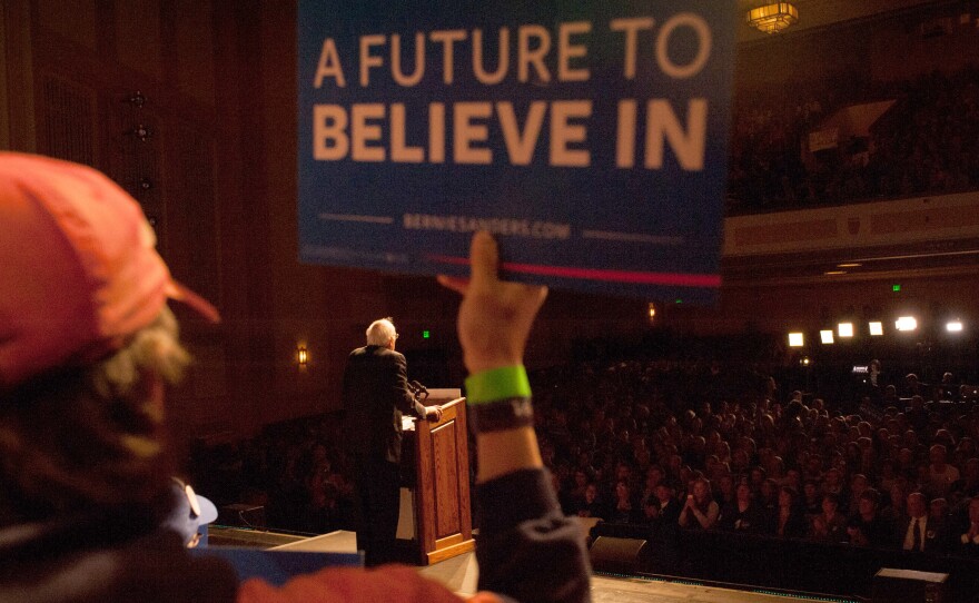 Sen. Bernie Sanders speaks during a political rally on April 5 in Laramie, Wyo. Sanders spoke to a large crowd on the University of Wyoming campus after winning the Wisconsin primary.