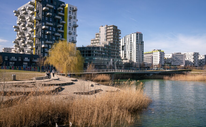 The Seestadt development in eastern Vienna includes both city-built and city-subsidized housing. The landscaping is designed to help protect from floods and heat in a warming world.