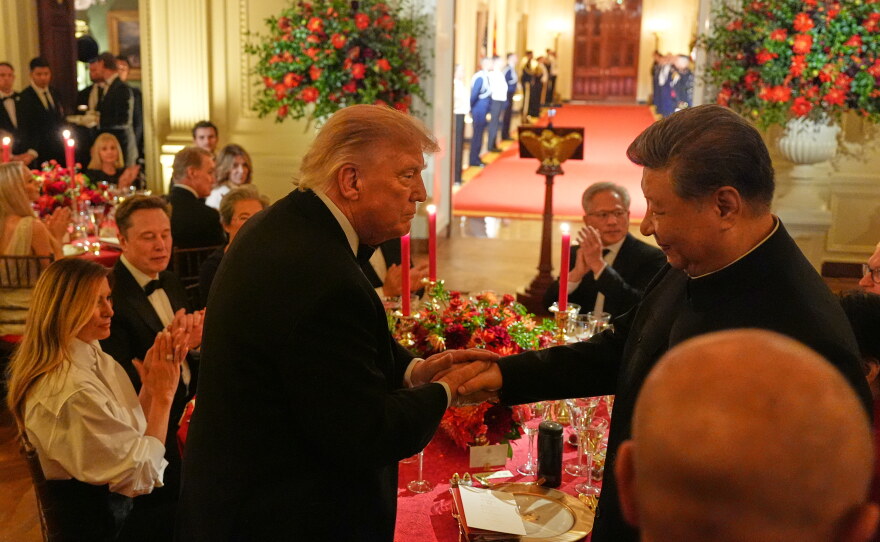President Donald Trump shakes hands with China's President Xi Jinping in the East Room of the White House during a State Dinner, Thursday, Sept. 24, 2026, in Washington.