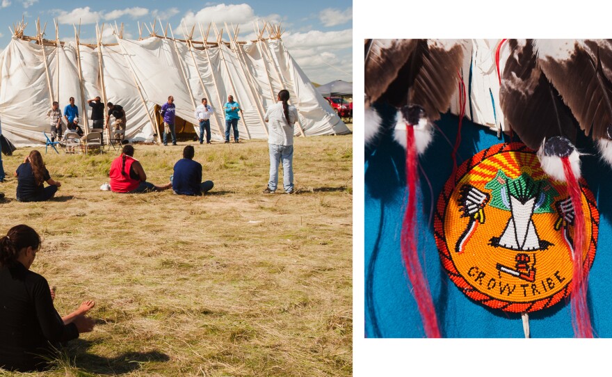 Speakers (left) at the Sioux tribal council lodge mark the first time that the Seven Councils of the Oceti Sakowin have met in more than a century, says Standing Rock Sioux Chairman Dave Archambault II. (Right) A detail of regalia worn by Darrin Old Coyote, chairman of the Crow Nation. The Crow and Sioux nations were once enemies, and the show of support was considered historic.