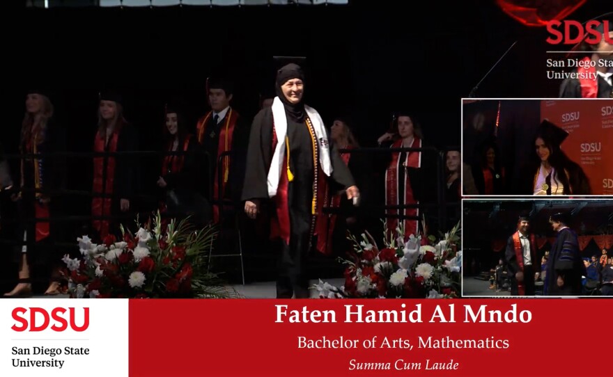 Faten Al Mndo is shown receiving her diploma at Viejas Arena on May 12, 2023.