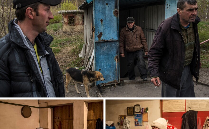(Top) Ruslan Timofeeva, 35, (left) and Sasha Ivasob, 45, (right) stand outside the entrance to an underground bomb shelter where they and other residents have been living full time for three years. (Bottom left) A man sleeps in the afternoon in the shelter. (Right) Galina Buriak, 74, poses for a portrait in the shelter.