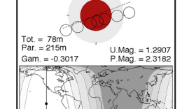 A chart showing the area in North America where the total lunar eclipse will be visible late Monday and early Tuesday.