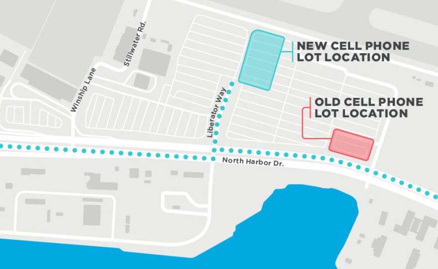 A map showing the location of the old and new cell phone waiting lot at the San Diego International Airport.