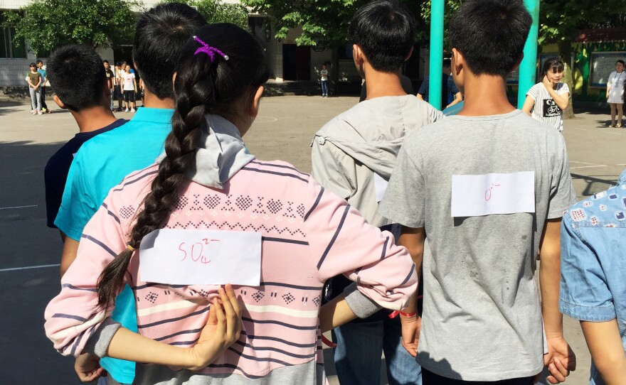Students at Cold Water Well school affix signs identifying themselves as chemicals for a special game of tag in their combined chemistry and physical education class. The object? Tag the students needed to start a chemical reaction.