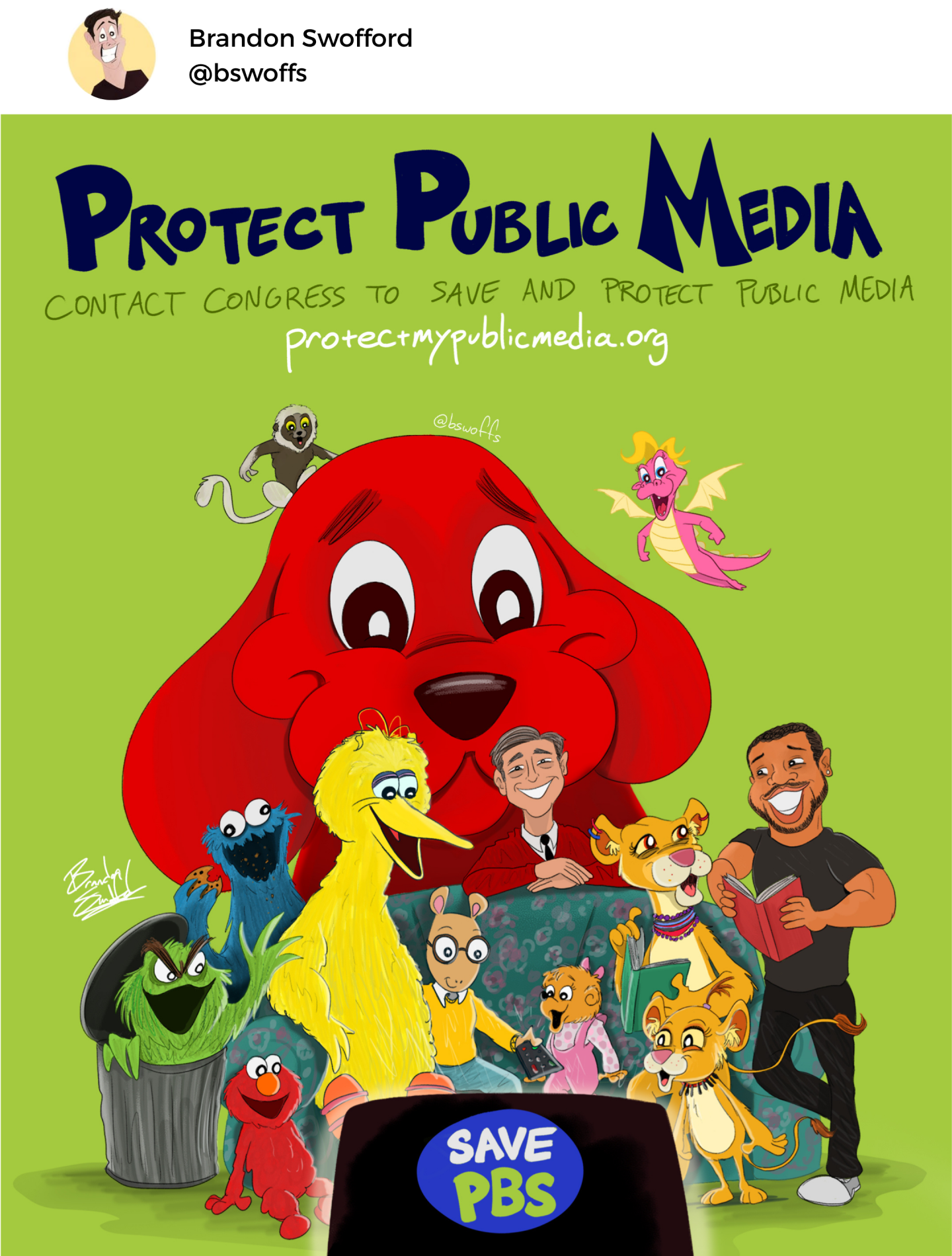 This art piece is by Brandon Swofford, who says he's proud to have grown up as a PBS Kid. "Let's do what we can to save it." See more of his work on his Instagram @bswoffs and at www.artofbrandonswofford.com.