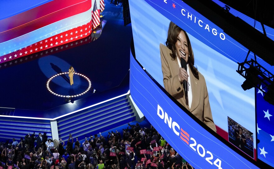 Democratic presidential nominee Vice President Kamala Harris speaks during the Democratic National Convention Monday, Aug. 19, 2024, in Chicago.