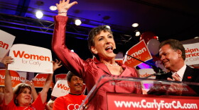 U.S. Senate candidate and former Hewlett-Packard CEO Carly Fiorina celebrates her primary win with her husband Frank Fiorina at her side at the California Republican Party event on California Primary Election night on June 8, 2010 in Anaheim, California.