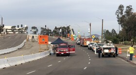 Firefighters and CHP officers on the scene of a gas leak in Mission Valley, March 7, 2018. 