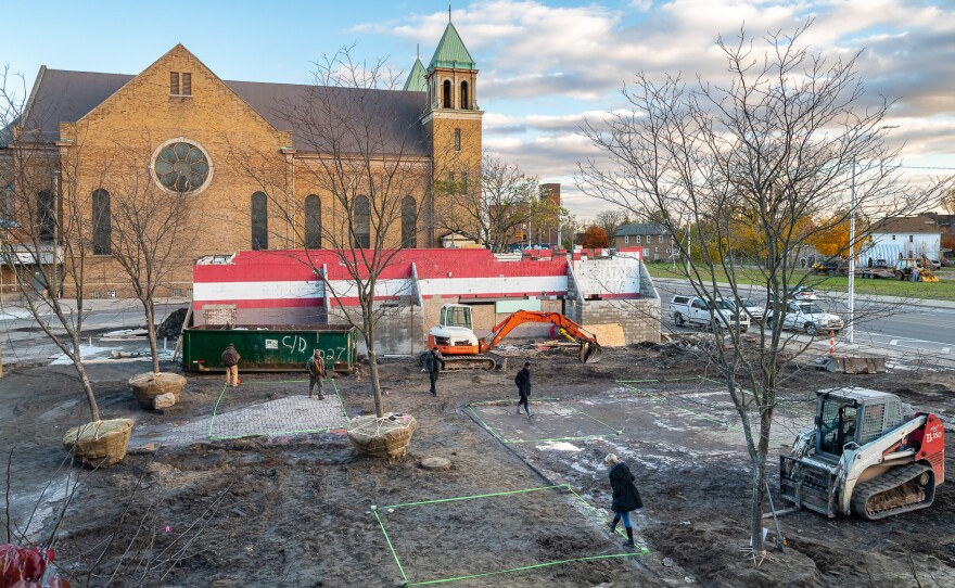 Core City Park under construction in Detroit, Mich. The design added greenspace and new local businesses to a distressed commercial corridor.
