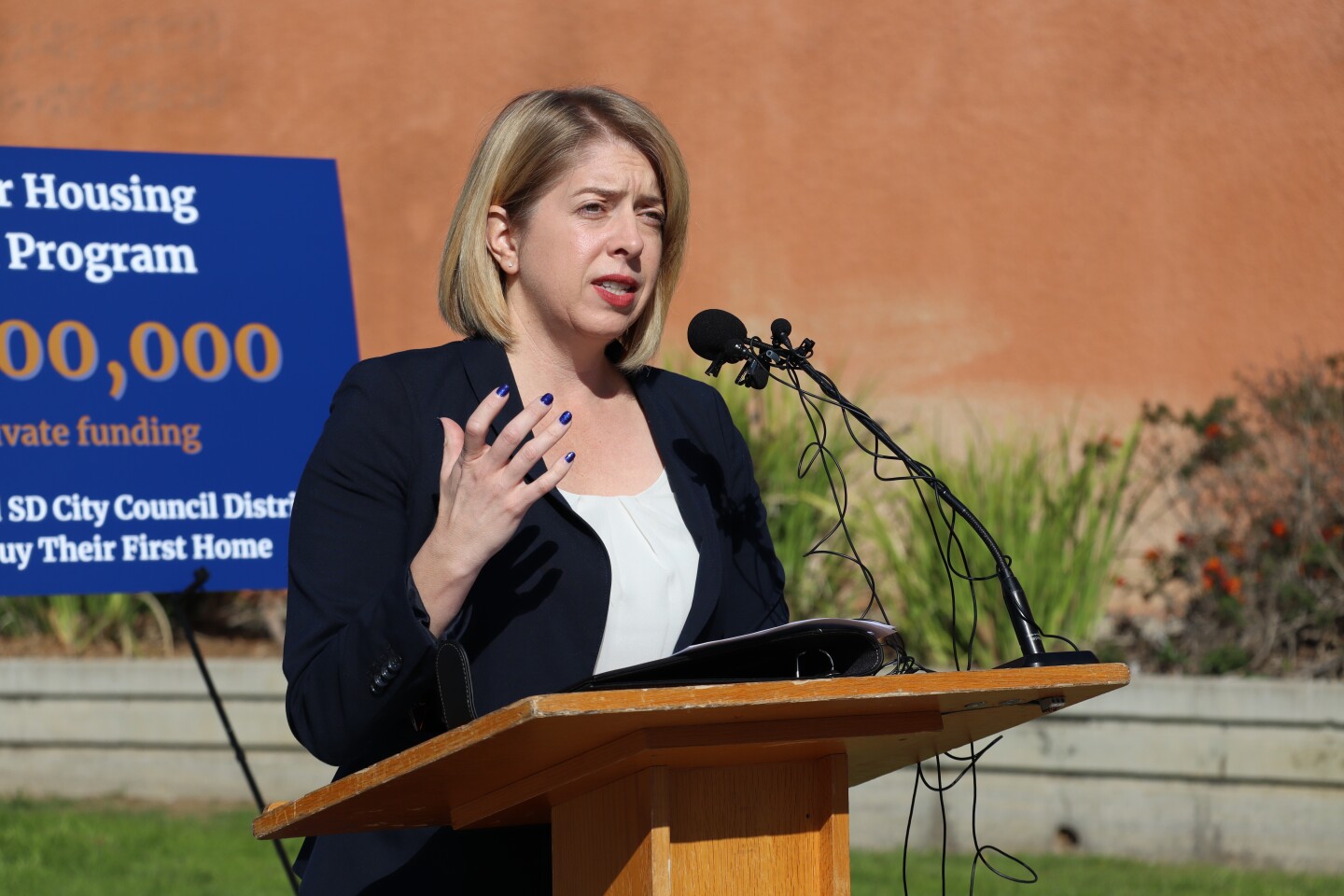 District 5 City Councilmember Marni von Wilpert speaks at a press conference announcing the Housing Opportunities for Public Educators grant program on Wednesday, Feb. 19, 2025.
