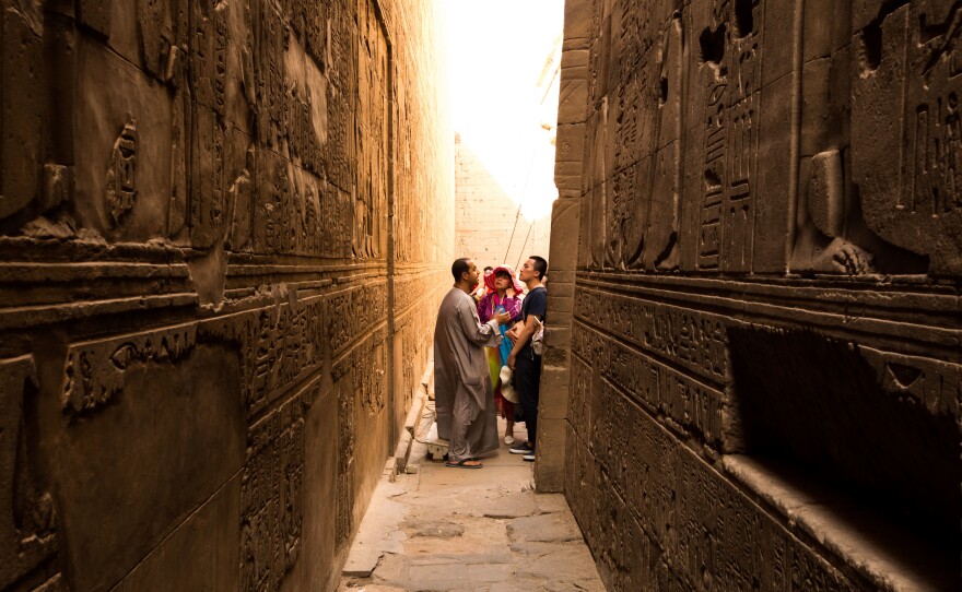 Tourists visit the ancient Temple of Edfu in Aswan, Egypt, last September. Tourism in Egypt has been depressed for five years, and the loss of an EgyptAir plane on Thursday is expected to be another blow to the industry.