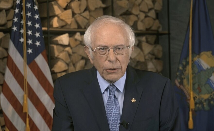 Sen. Bernie Sanders, I-Vt., speaks during the first night of the Democratic National Convention on Monday.