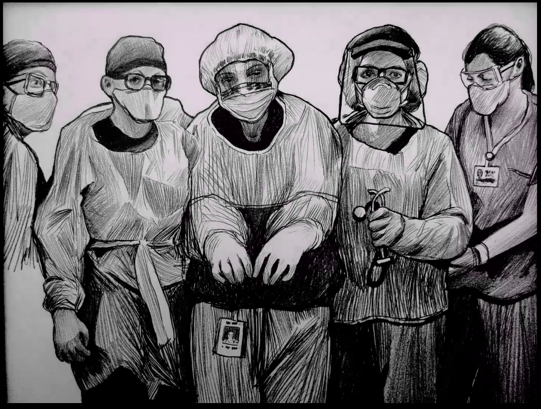 Five health care workers are sketched in black and white, looking at the viewer, wearing masks and surgical scrubs.