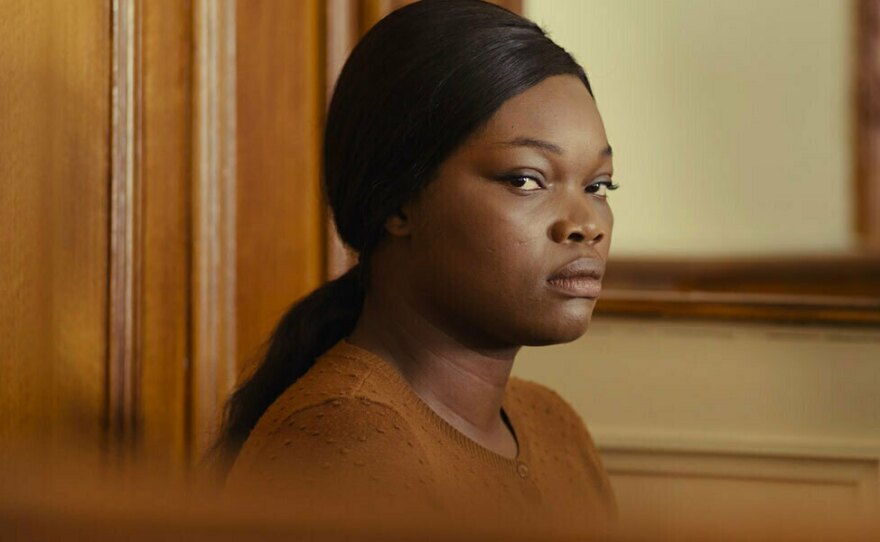 Laurence Coly (Guslagie Malanda) confesses to causing the death of her baby daughter Elise in <em>Saint Omer.</em>