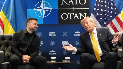 U.S. President Donald Trump meets with Ukraine's President Volodymyr Zelenskyy on the sidelines of the NATO summit in Ankara, Turkey, Wednesday, July 8, 2026.