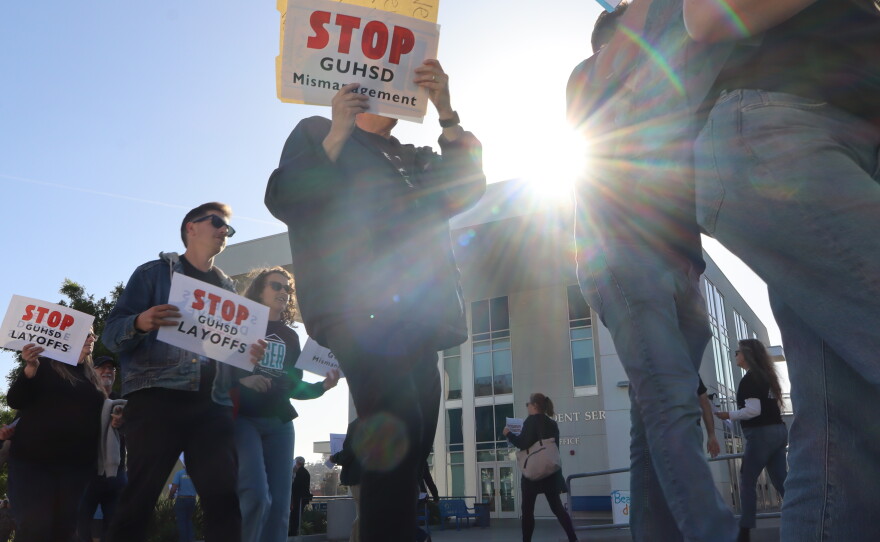 Students, staff and other community members protested at Grossmont High School before the Grossmont Union High School District's board meeting in April 2025.
