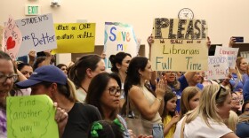 Teachers, students and parents gathered at the San Marcos Unified School District's board meeting on Thursday, Feb. 26, 2026, to speak in support of full-time elementary school librarian positions.