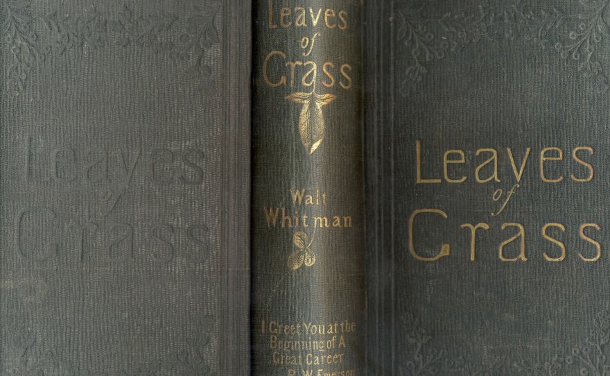 A shot of the 1856 edition of Walt Whitman's Leaves of Grass, with Emerson's blurb on the spine.