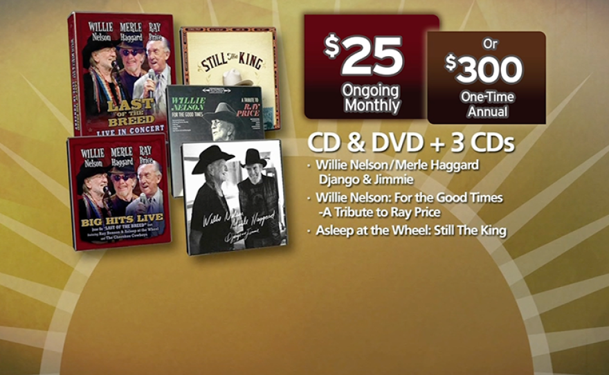 Give $25 a month or $300 all at once and receive the “Last Of The Breed” Combo including the program CD and DVD; the Willie Nelson and Merle Haggard "Django and Jimmie" CD; the Willie Nelson "For the Good Times: A tribute to Ray Price" CD; and the Asleep at the Wheel "Still the King" CD. This gift includes a KPBS License Plate Frame (if you're a new member). Also enjoy access to KPBS Passport and myKPBS Film Club. The program DVD only or the program CD only are at the $120 level. 