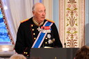 FILE - Norway's King Harald gives a speech during a gala dinner at the Palace in connection with the state visit of the Icelandic presidential couple, in Oslo, on April 8, 2025.