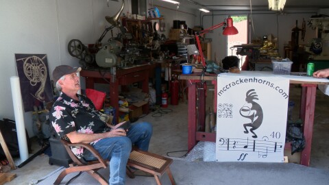 Doug Hall is shown sitting at his business, McCracken Horns in El Cajon on April 21, 2026.