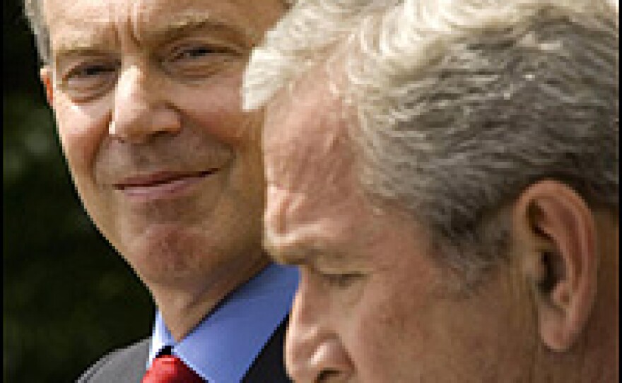British Prime Minister Tony Blair and President Bush at Thursday's Rose Garden news conference.