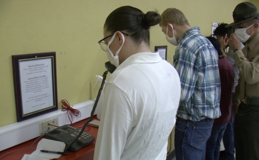 Marine recruits calling home one last time before starting boot camp at Marine Corps Recruit Depot, San Diego, Feb. 9, 2021.