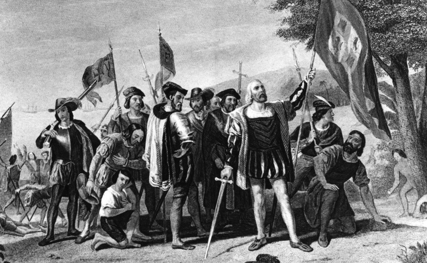 Depictions of Christopher Columbus's arrival in the Americas often include a cross. The Doctrine of Discovery gave religious justification for the colonization of Africa and North America.