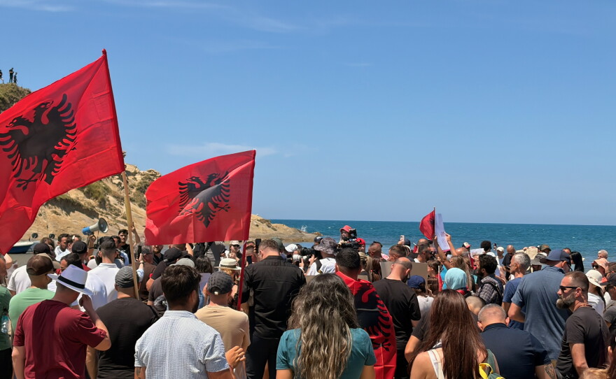 Hundreds of protesters gather along a beach in Zvérnec, where Jared Kushner and Ivanka Trump plan to build a luxury resort.