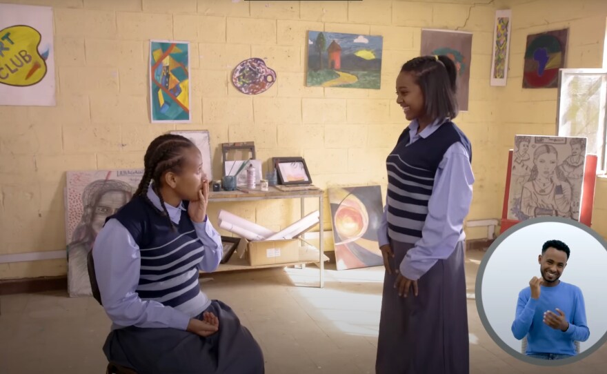 A scene from the popular Ethiopian soap opera <em>Yegna</em>, which sends messages about health and well-being to its teen viewers. Topics range from child marriage to menstrual pads.
