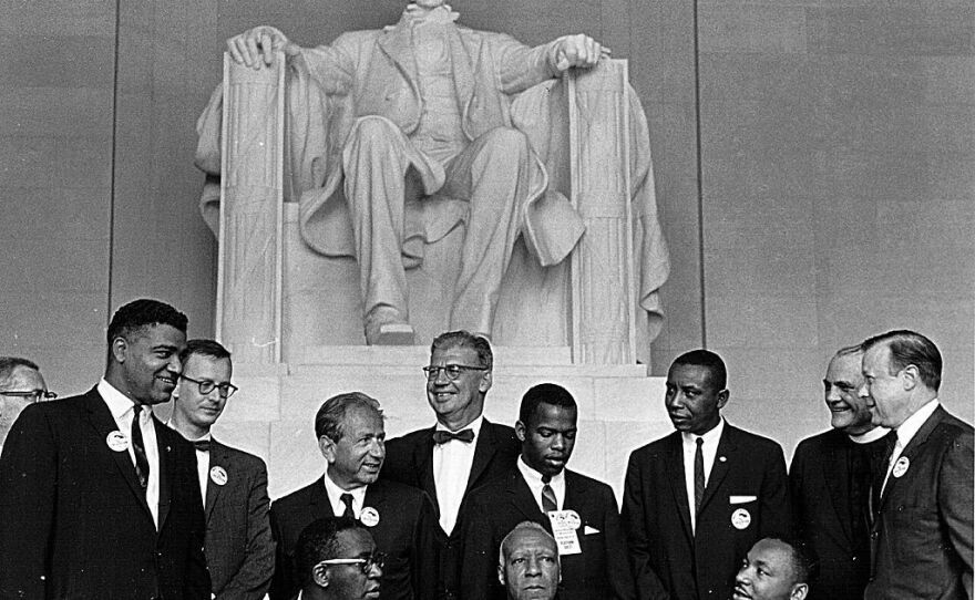 Martin Luther King Jr. and other civil rights leaders gather before a rally at the Lincoln Memorial on Aug. 28, 1963, in Washington.