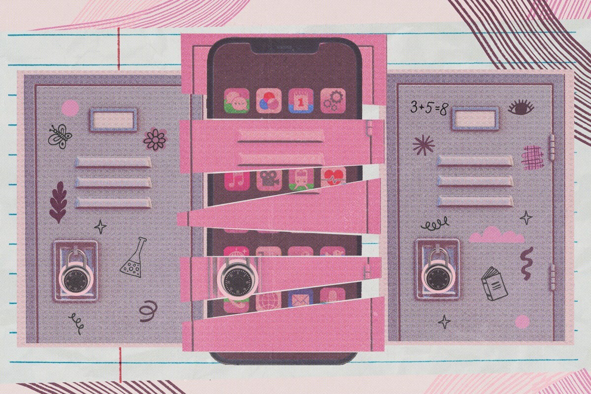 A photo collage illustration with various pink colors and textures of a cellphone cut up in pieces in between a cut-up pink locker with two gray lockers on each side.