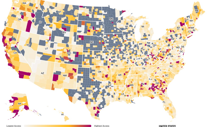 An interactive map from Power to Decide shows to what degree publicly-funded contraceptive services meet local needs. Counties in red have the highest access, according to this analysis, and the lightest yellow counties have the lowest. In the counties in gray, no publicly-funded clinics offer contraceptive services.
