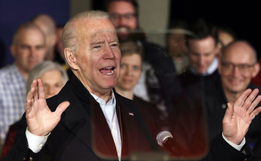 Former Vice President Joe Biden speaks at a campaign event Wednesday in Somersworth, N.H. There, he went after Vermont Sen. Bernie Sanders as a "democratic socialist" and called former South Bend, Ind., Mayor Pete Buttigieg a "risk."