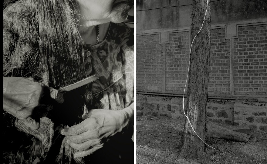 Left: Hirve's grandmother combs her hair. Right: Documenting the area around her grandparents' house. "I couldn't see where the wire was coming from or leading to, but it felt like a thread of hope," Hirve says.