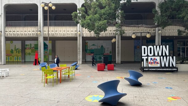 People walk through the public plaza outside Golden Hall in downtown San Diego on Jan. 21, 2026.