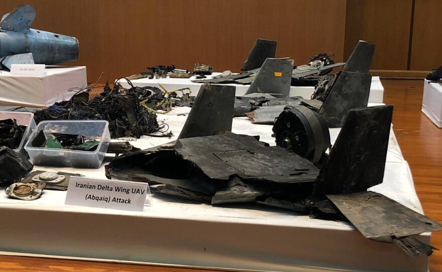 Saudi Arabia's military displays what it says is wreckage from drones and cruise missiles used to attack Saudi Aramco oil facilities. A Saudi spokesman says the weapons did not come from Yemen, as a rebel group has claimed, but from Iran.