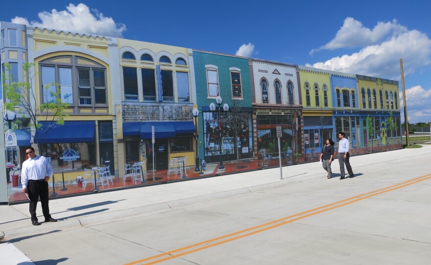 Mcity's "downtown" is actually a silk-screen recreation of a street in Ann Arbor, Mich. Researchers have built the small fake city at the University of Michigan as a testing ground for autonomous vehicles.