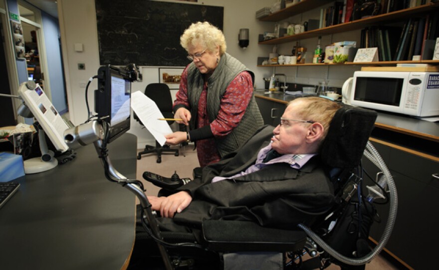 Portrait of Stephen Hawking and his assistant Judith Croasdell in his office at DAMTP, Department of Applied Mathematics and Theoretical Physics, Cambridge.