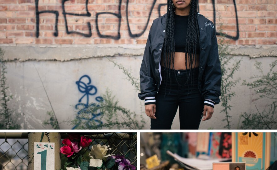 Top: Jamila Woods began exploring poetry the summer before her senior year of high school. Left: Plastic memorial flowers rest in Chicago's Pilsen neighborhood. Right: Pictures of Jamila Woods as an infant with her parents rest on the windowsill at her apartment in Pilsen.