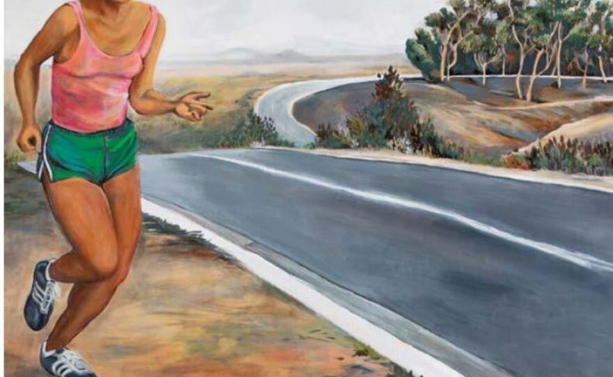 One of the paintings from Yolanda López's series "¿A Donde Vas, Chicana? Getting Through College" — self-portraits that show her running, in and around UC San Diego when she was a graduate student.